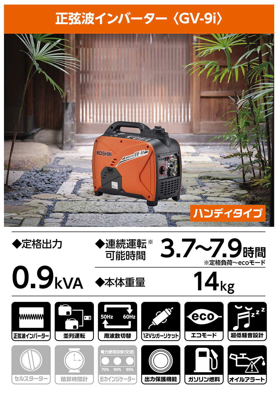 工進 発電機 GV-9i 50Hz / 60Hz 0.9kVA インバーター ガソリン シガー