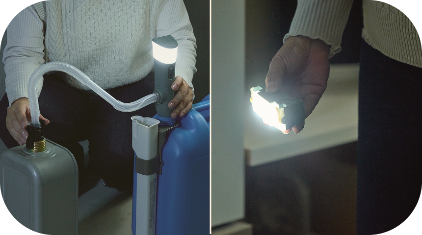 暗い場所で灯油ポンプのLEDライトを使う様子