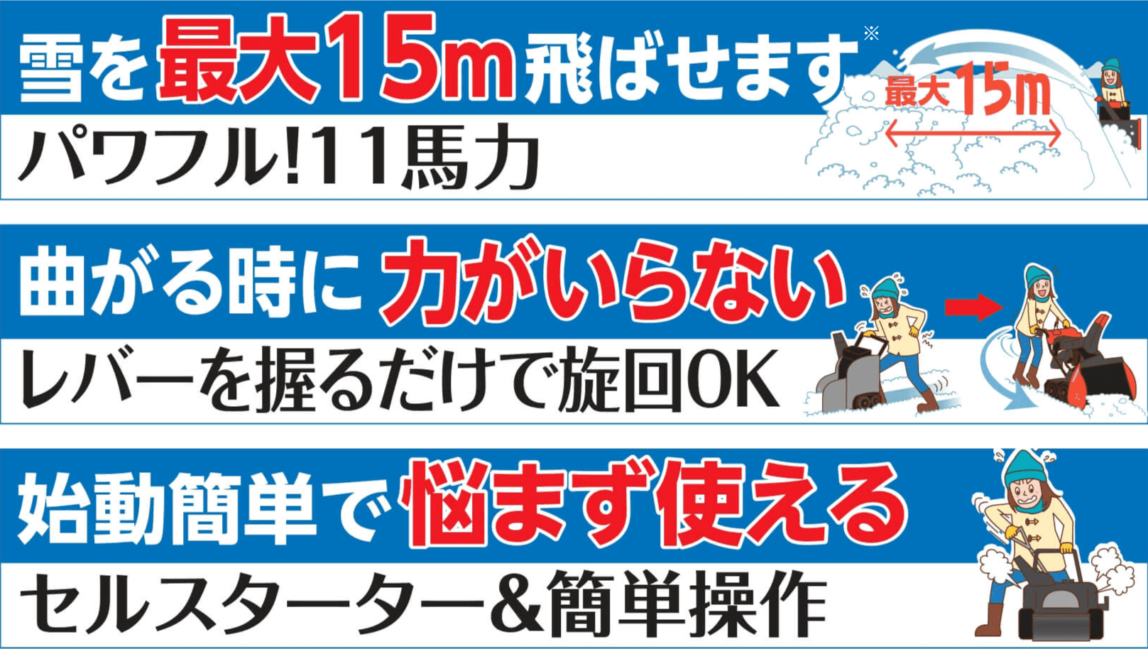 パワフル!11馬力 レバーを握るだけで旋回OK セルスターター&簡単操作