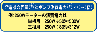 発電機の容量（W)≧ポンプ消費電力（W)×（3～5倍）